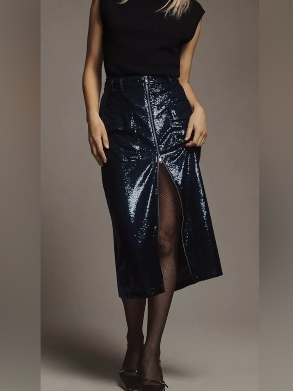 Anthropologie Navy Sequin Zip-Front Midi Skirt